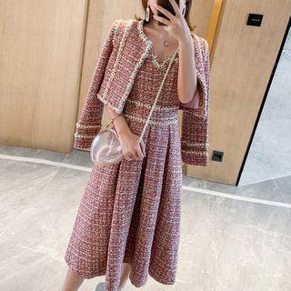 Set: Cropped Tweed Jacket + Sleeveless Midi A-line Dress