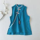 Traditional Chinese Sleeveless Contrast Trim Frog Buttoned Top