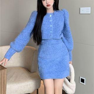 Puff-sleeve Plain Cardigan / Mini Pencil Skirt