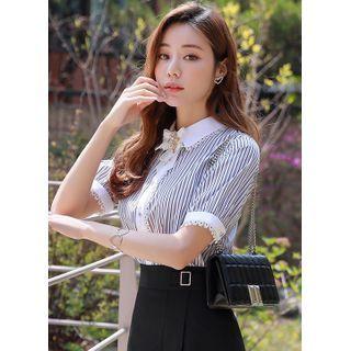 Crochet-trim Stripe Blouse Ivory - One Size