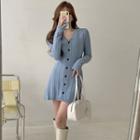Button-up Knit Mini A-line Dress