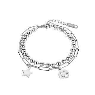 Fashion Personality Star Smiley Expression 316l Stainless Steel Round Bead Double Bracelet Silver - One Size
