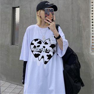3/4-sleeve Cow Print Heart T-shirt