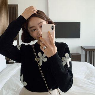 Long-sleeve Floral Embroidered Knit Top Black - One Size