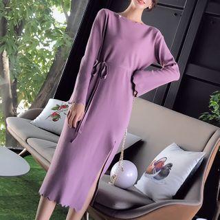 Long-sleeve Sashed Midi Shift Knit Dress