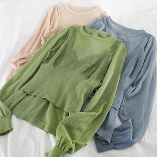 Set: Crew-neck Long-sleeve Knit Top + V-neck Knit Camisole Top