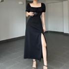 Square-neck Puff-sleeve Drawstring Midi A-line Dress