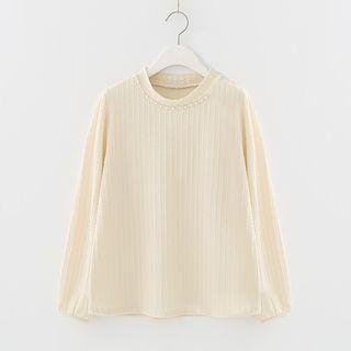 Faux Pearl Mock Neck Long Sleeve Top