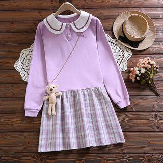 Peter Pan Collar Plaid Panel Mini Sweatshirt Dress