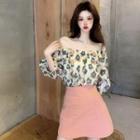 3/4-sleeve Floral Print Blouse / Mini Fitted Skirt