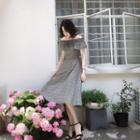 Off Shoulder Short Sleeve Plaid Midi A-line Dress