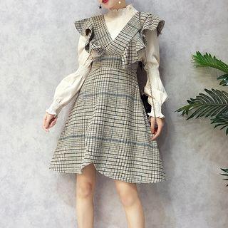 Set: Mock-neck Blouse + Plaid Ruffle A-line Pinafore Dress