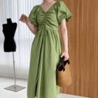 Puff-sleeve V-neck Drawstring Midi A-line Dress