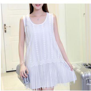 Set: Fringed Sleeveless Lace Tunic + Chiffon Tank Dress