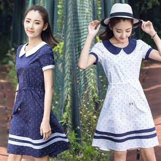 Short-sleeve Paneled Drawstring Dotted Dress