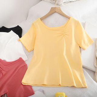 Plain Shirred Short-sleeve Knit Top