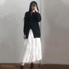 Set: Slit-front Knit Top + A-line Skirt