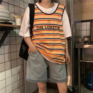Short-sleeve T-shirt / Lettering Striped Tank Top Top