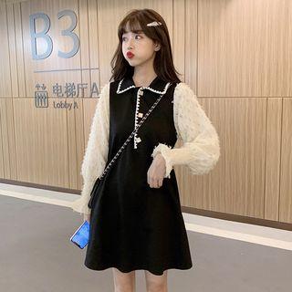 Contrast Puff Sleeve Peter Pan Collar A-line Dress Black - One Size