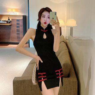 Mock-neck Cutout Skinny Split Mini Dress