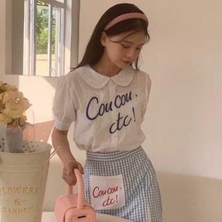 Puff-sleeve Letter Embroidered Blouse / Gingham Mini A-line Skirt