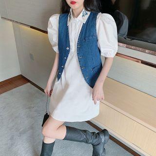 Denim Vest / Embroidered-collar Puff-sleeve Mini Shirtdress
