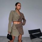 Set : Two Tone Button-up Cropped Blazer + High-waist A-line Mini Skirt