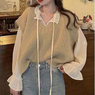 Ruffle Trim Blouse / V-neck Sweater Vest
