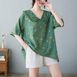 Peter Pan Collar Asymmetrical Patterned Shirt Green - One Size