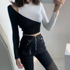 Long-sleeve Two-tone Cold-shoulder Cropped T-shirt