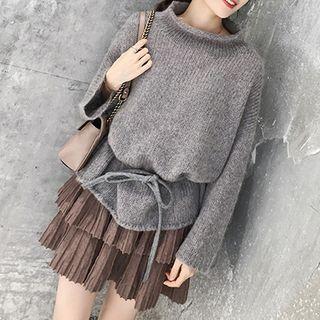 Set: Tie-waist Flared-sleeve Sweater + Mini Tiered Skirt