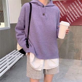 Plain Knit Hooded Long-sleeve Sweater