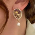 Resin Flower Faux Pearl Dangle Earring 1 Pair - White Faux Pearl - Gold - One Size