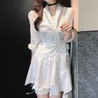 Dotted 3/4-sleeve Wrap Mini A-line Dress