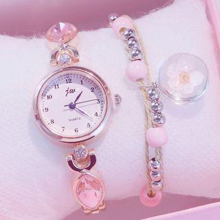 Set: Faux Crystal Bracelet Watch + Flower Bracelet