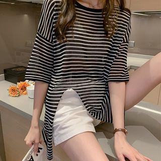 Pinstriped Elbow-sleeve Knit T-shirt