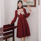 Mesh Bow Accent Square Neck Long-sleeve Dress