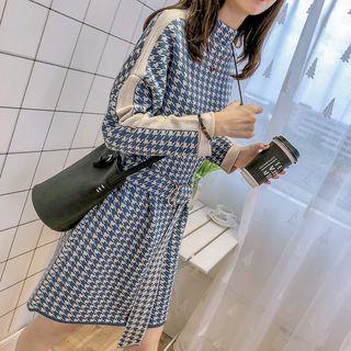Mock Turtleneck Houndstooth Knit Dress With Belt