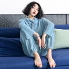 Loungewear Set: Tie-neck Long-sleeve T-shirt + Pants