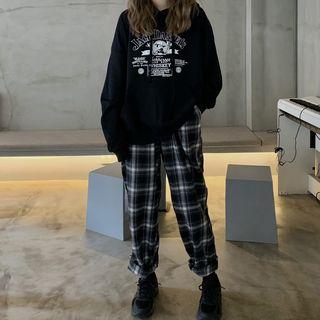 Hooded Printed Sweatshirt / High-waist Contrast Plaid Wide-leg Pants