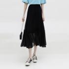 Band-waist Ruffle Trim Midi A-line Skirt Black - One Size