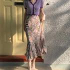 Short-sleeve Button-up Knit Top / Floral Print Midi Mermaid Skirt