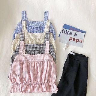Color-block Plaid Ruffled-trim Sleeveless Top