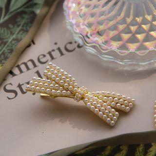 Faux Peal Bow Hair Clip 1pc - Gold - One Size