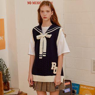 Sailor-collar Contrast-trim Cable-knit Vest Navy Blue - One Size