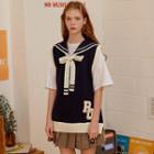 Sailor-collar Contrast-trim Cable-knit Vest Navy Blue - One Size