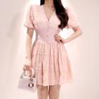 V-neck Short-sleeve Textured Mini A-line Dress