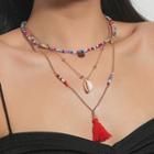 Tassel Shell Pendant Layered Bead Necklace 01 - Pink & Red & Blue - One Size