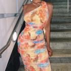 Asymmetrical Tie-dyed One-shoulder Sheath Dress
