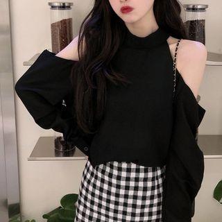 Long-sleeve Cold Shoulder Top Top - Black - One Size